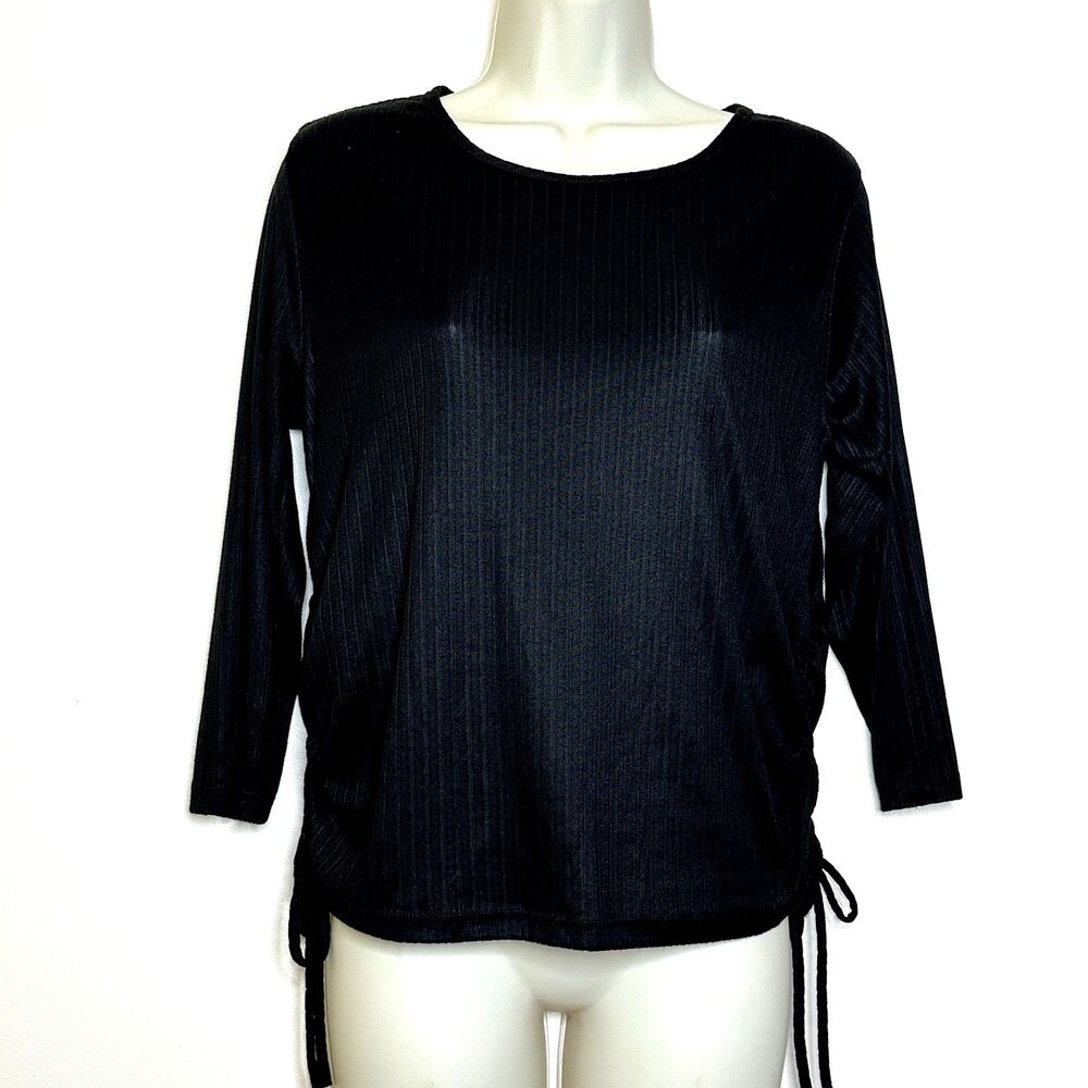 Arabella Ribbed Black Side Ruched Tie Waist 3/4 Sleeve Semi Sheer Top Women's L